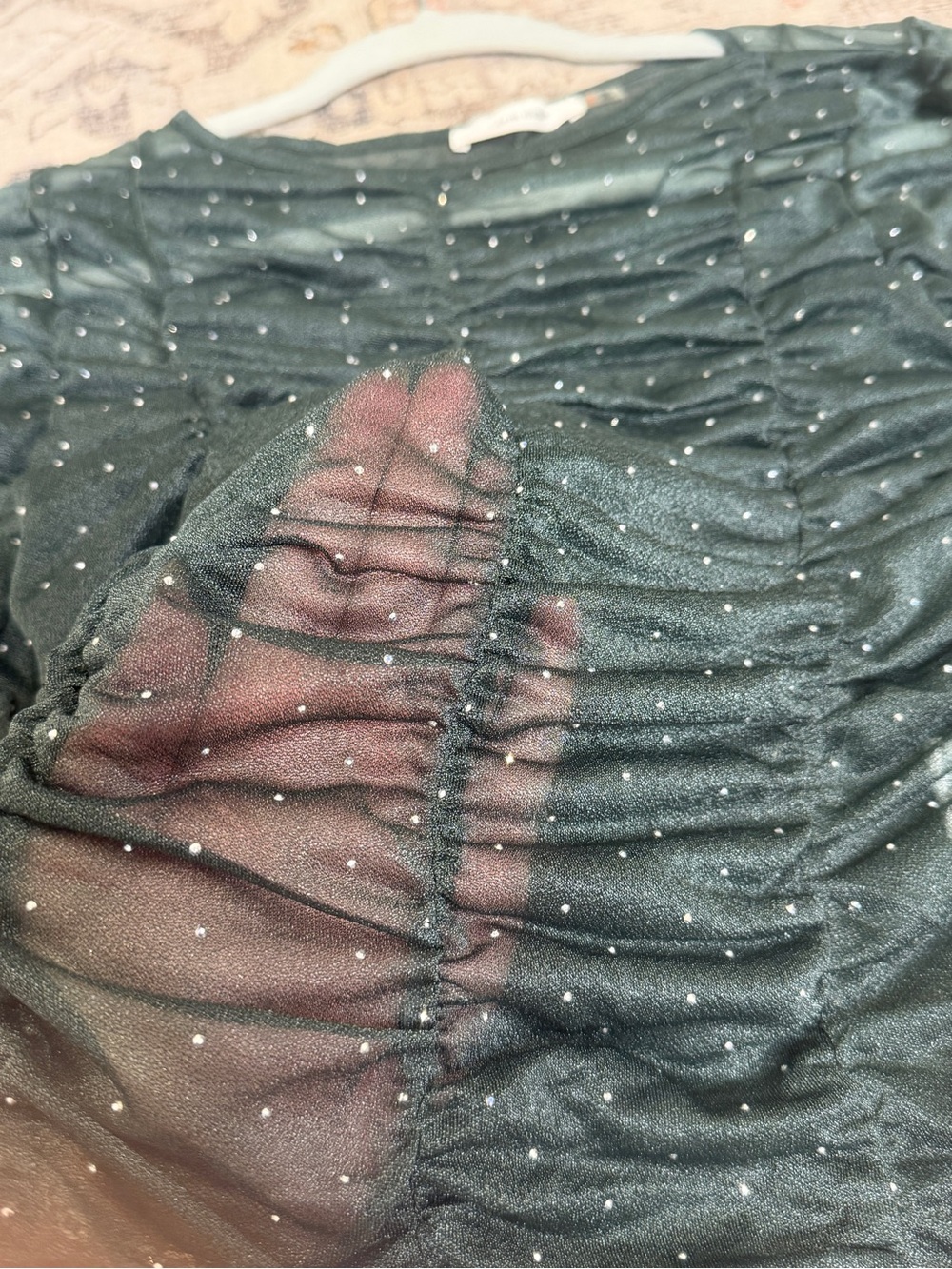 Sheer Green Ruched Long-Sleeve Sparkle Top - Picture 3 of 8